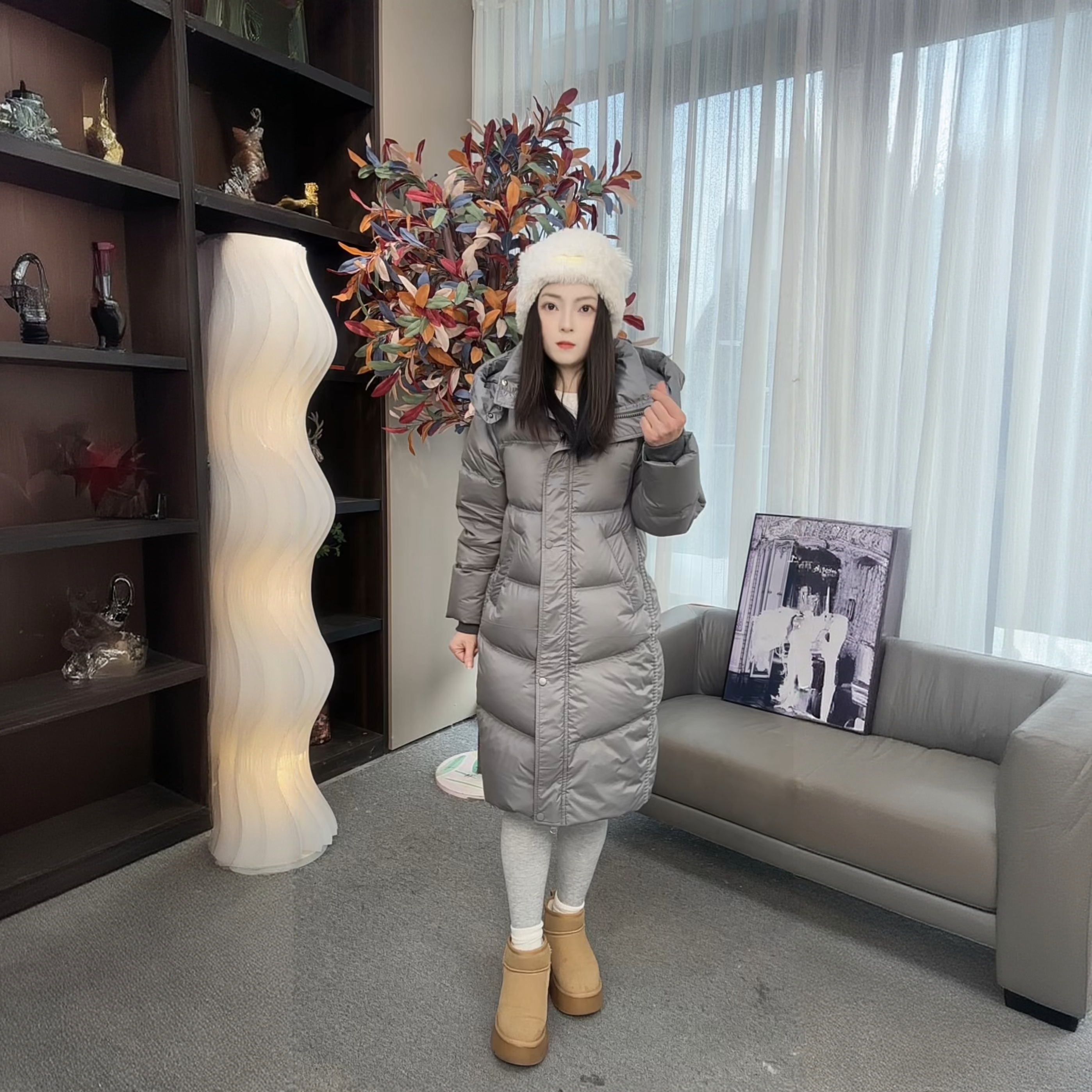 【格雷霞灰】2025小个子新款可拆帽修身显瘦螺纹口保暖中长款羽绒服