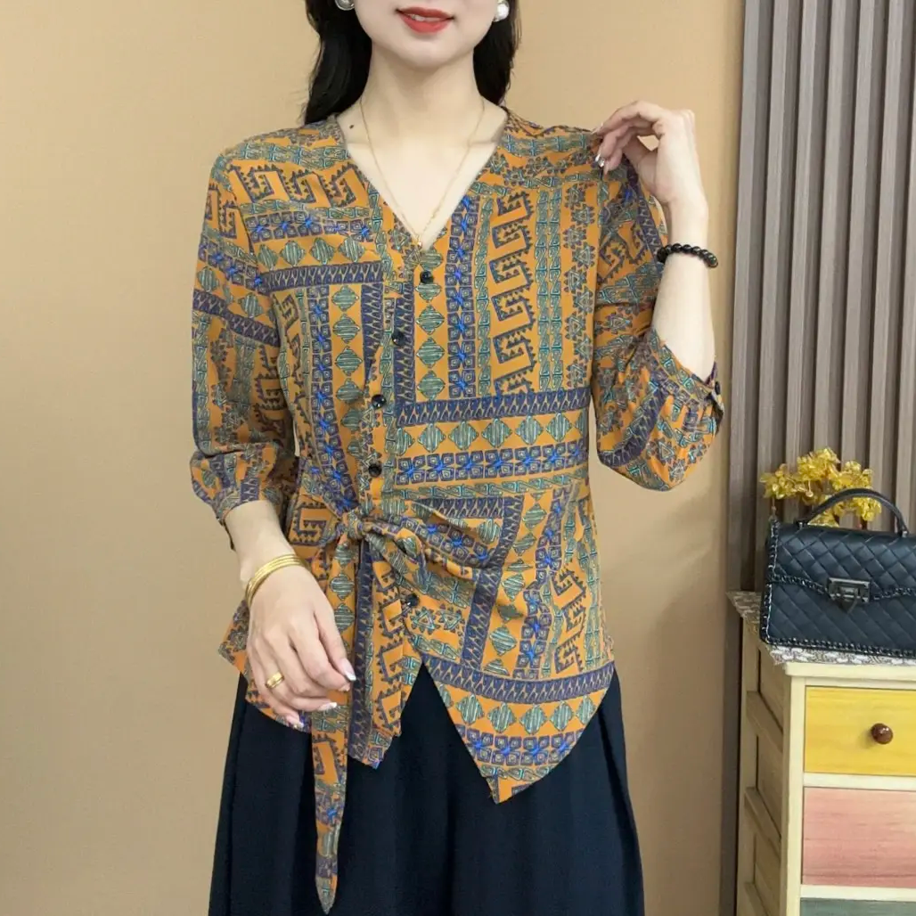 2025夏季新款时尚不规则洋气七分袖气质百搭V领显瘦开衫上衣25819