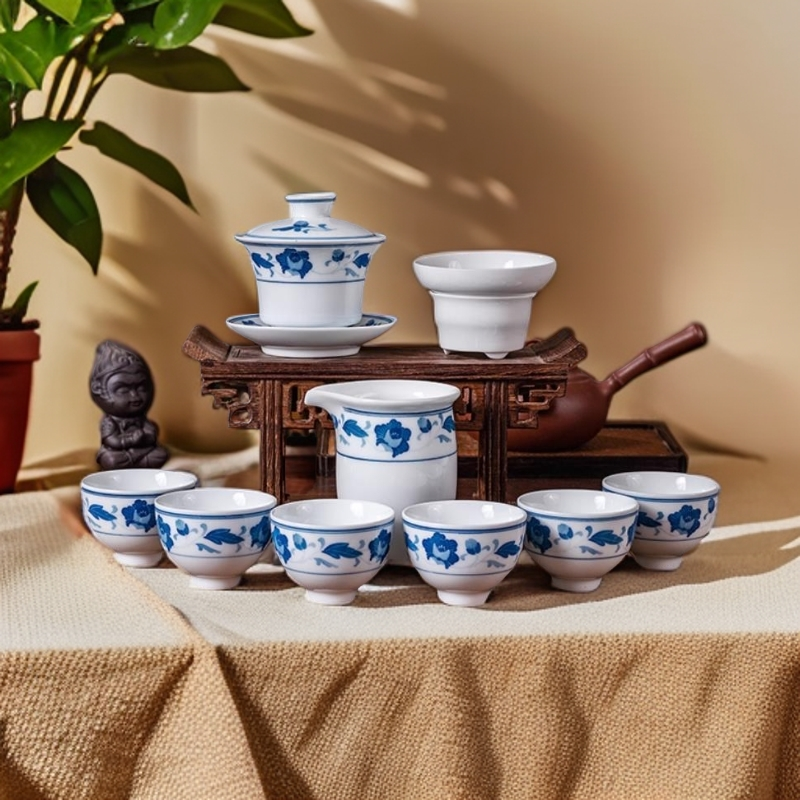 醴陵手绘青花蓝芙蓉简约茶具套装复古家用高档陶瓷茶壶盖碗茶礼盒