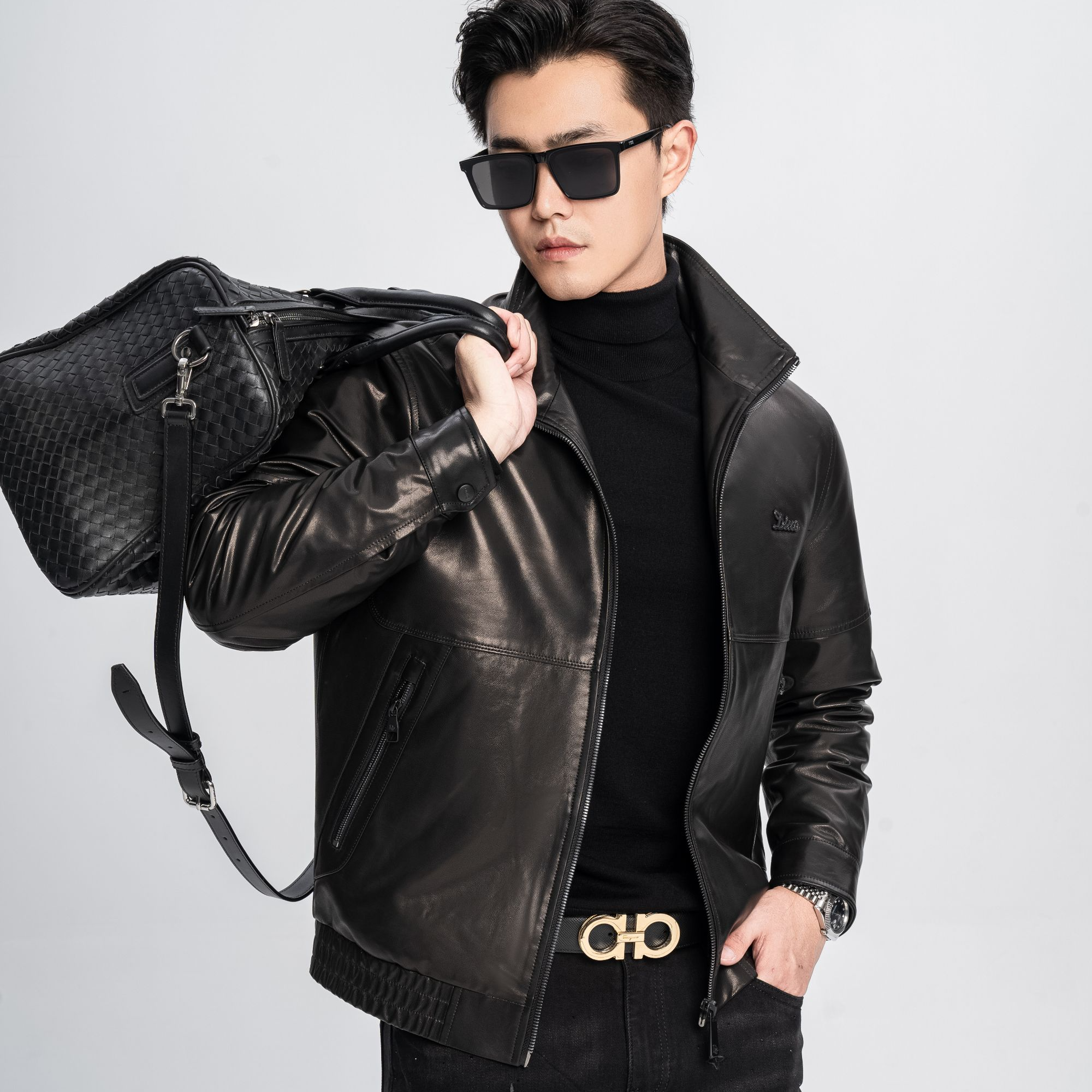 冬季新款男士轻奢山羊皮夹克白鸭绒保暖皮衣时尚休闲百搭立领外套