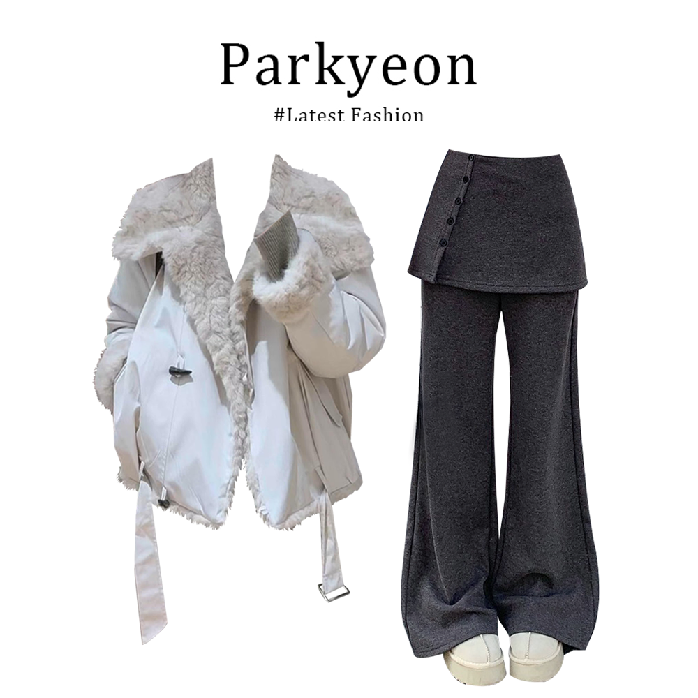 MARIE.COCO韩系毛领加厚保暖外套女2025秋冬季屁帘休闲微喇裤套装