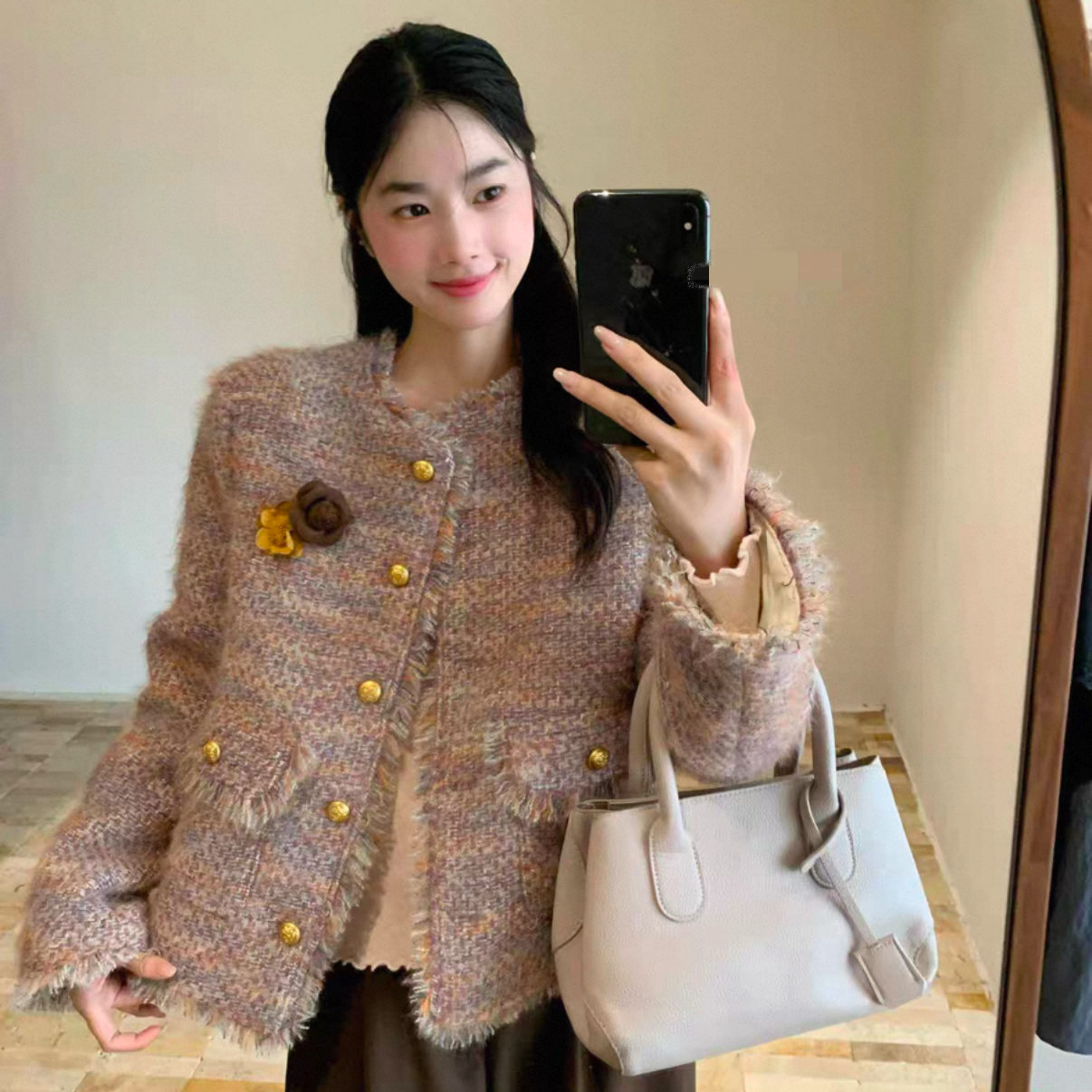 【高端定制】2025冬季新款法式圆领流苏百搭时尚羽绒服小香风短外套