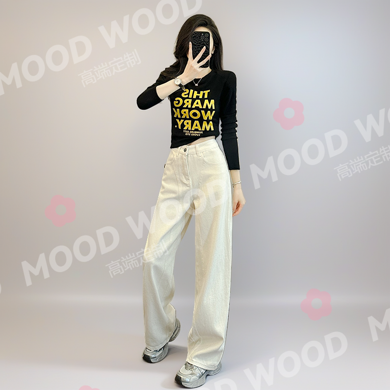 长袖T恤女春秋季2025年新款字母印花打底衫白色阔腿裤时尚两件套