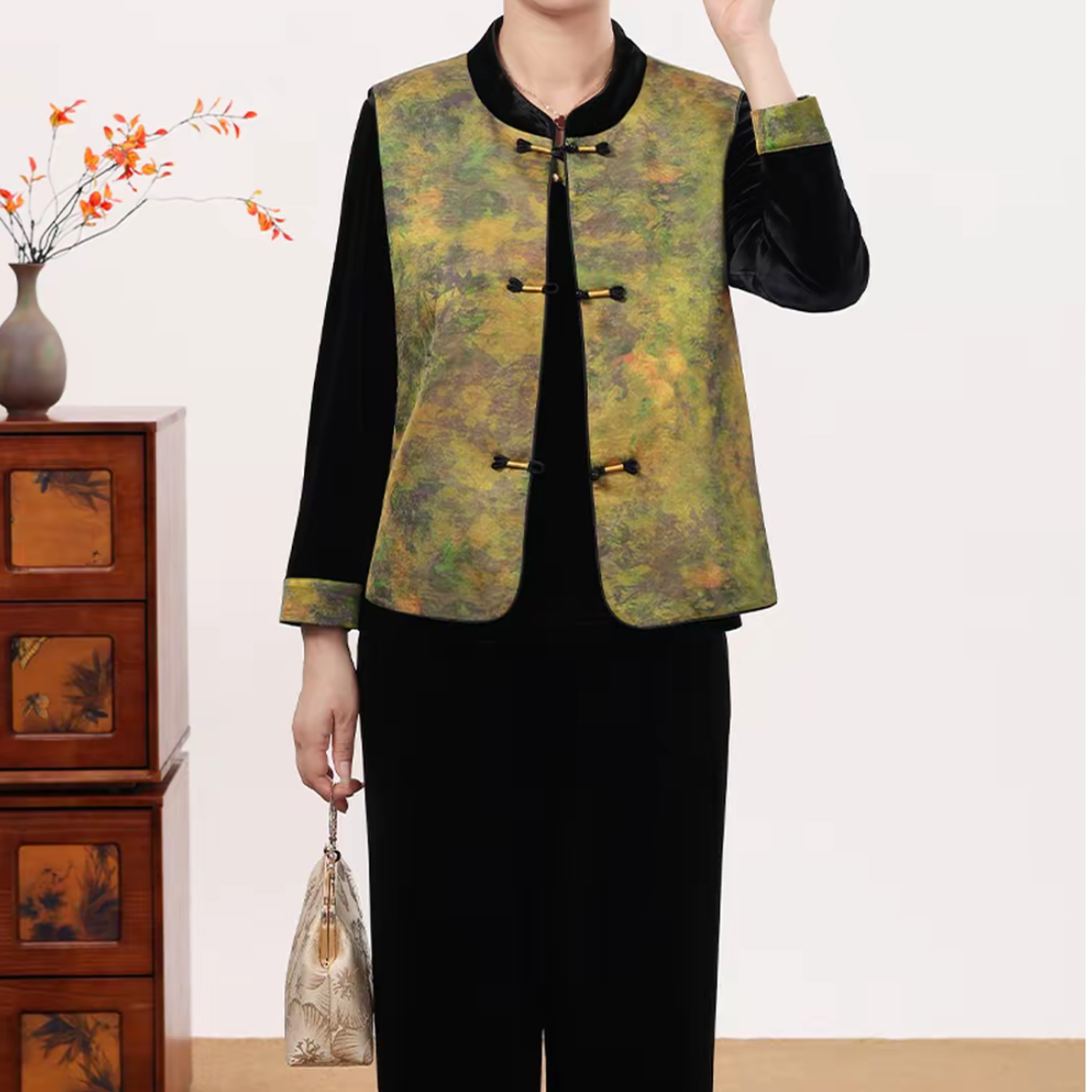 秋季妈妈装中式三件套中年气质减龄金丝绒套装百搭时尚中国风印花