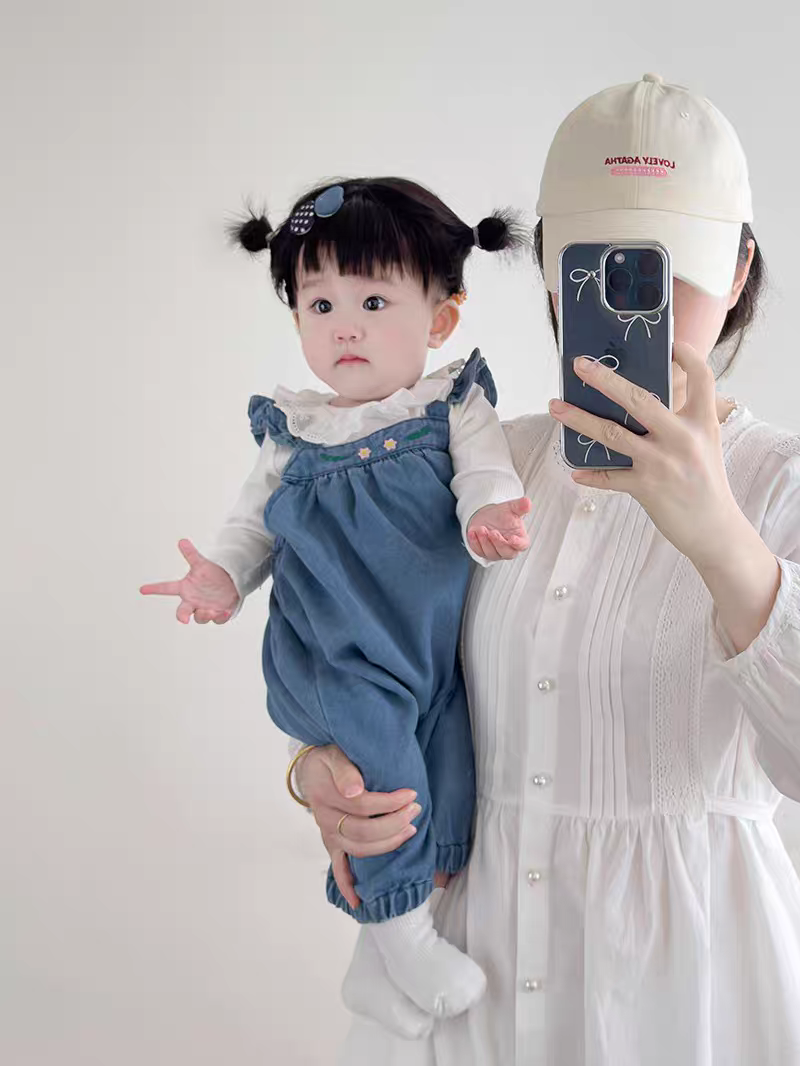 女童背带连体裤套装婴儿女宝宝牛仔连体衣打底衫洋气秋装两件套