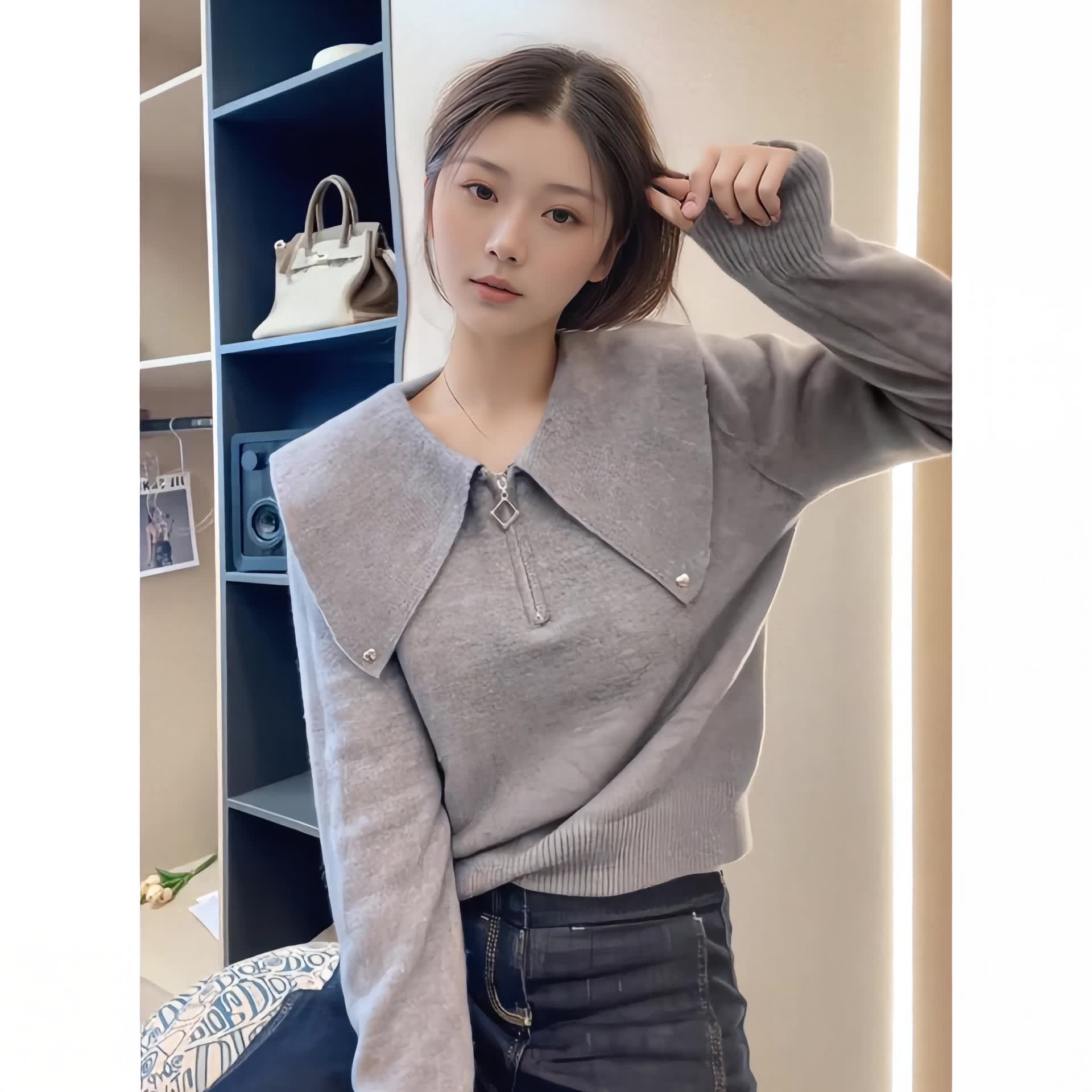 翻领爆款灰色毛衣女2025新款秋冬穿搭宽松短款内搭打底针织衫上衣