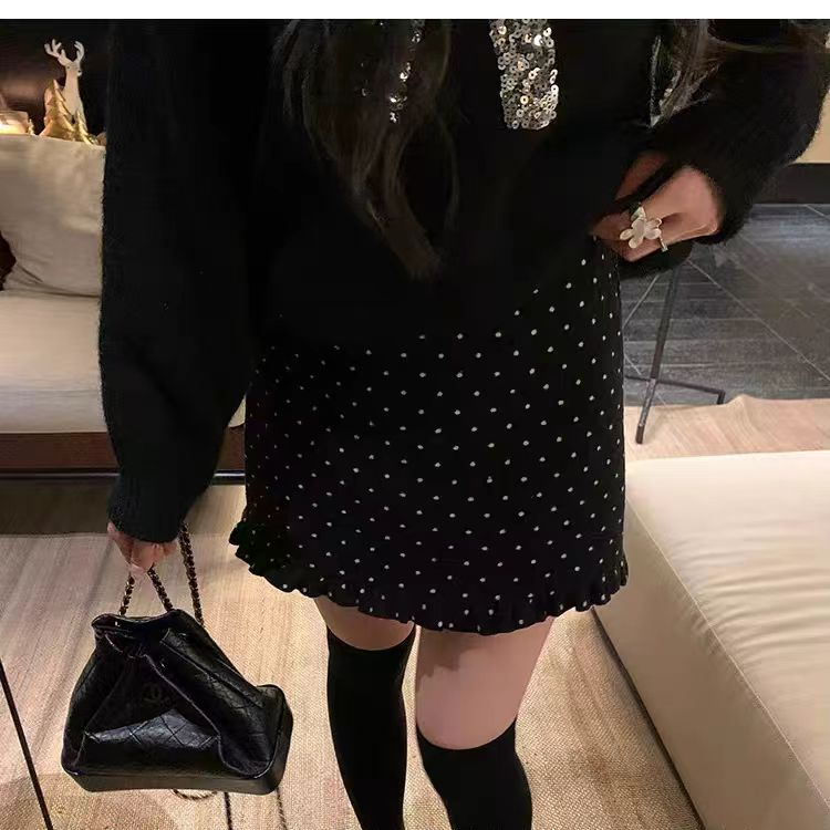 LHTE青青大码女装  秋冬气质波点高腰百搭波点木耳边半身裙D5437