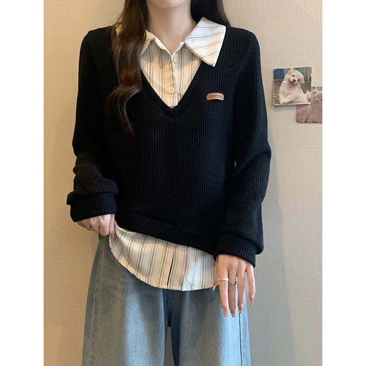 加大300斤可穿大码女假两件长袖卫衣显瘦条纹衬衫拼接针织上衣