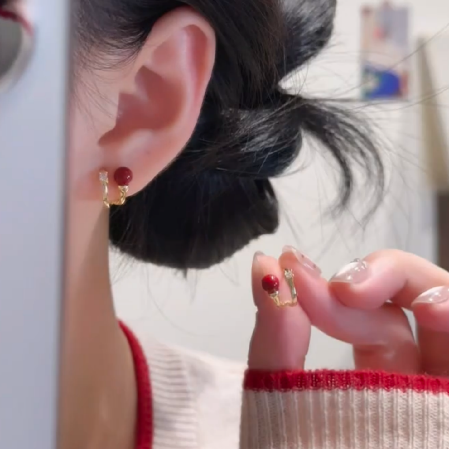 铜合金耳饰 925银针小巧锆石红色珍珠耳钉女小众高级感耳环耳饰潮