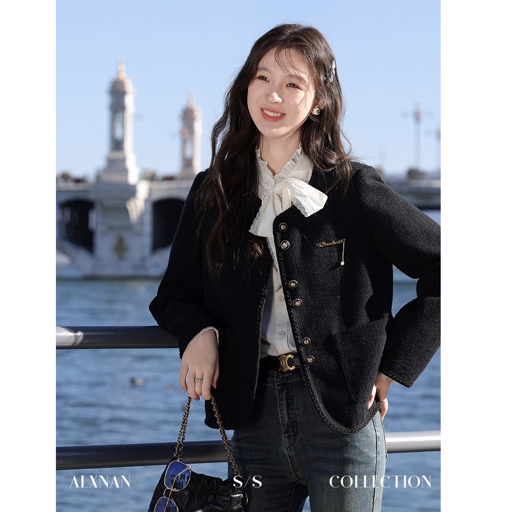 鹿向南「黑巧可可」优雅气质短外套女小香风显瘦上衣小香高级感外套