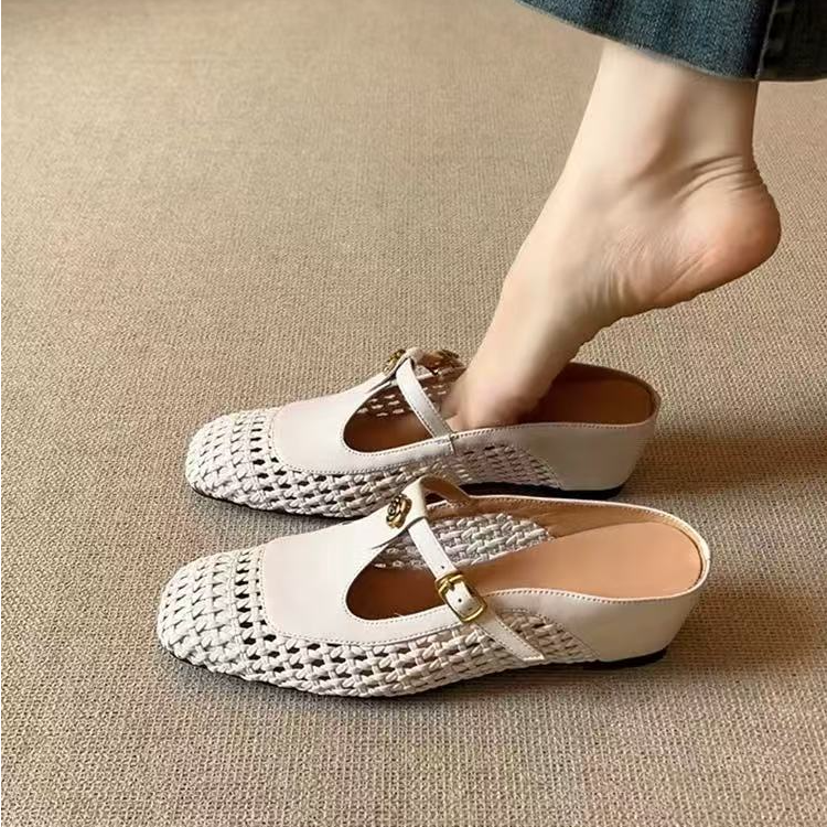 羊皮版~法式编织镂空透气真皮包头鞋女内增高T字带扣山茶花半拖鞋