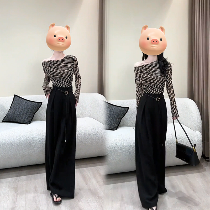 秋季韩版高级感条纹斜领长袖打底上衣女高腰宽松西装阔腿裤两件套