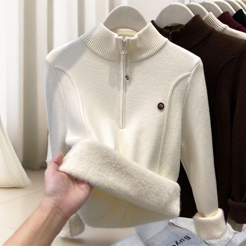 羊毛打底衫女新款拉链半高领毛衣一体加绒加厚秋冬高级感保暖内搭