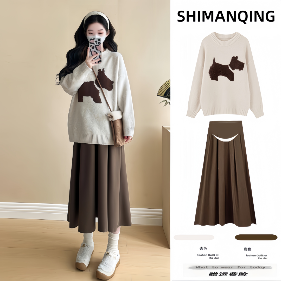 孕妇装秋冬2025新款洋气加厚慵懒风宽松针织毛衣托腹半身裙套装