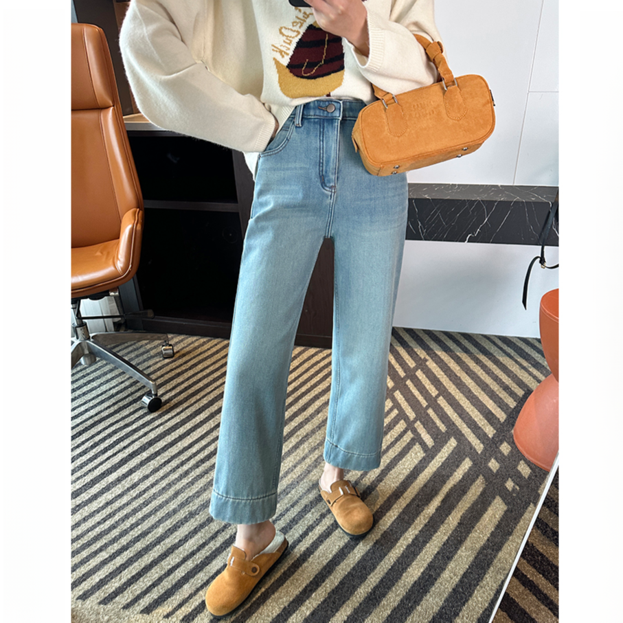 加绒加厚浅蓝直筒牛仔裤女秋冬新款梨形身材遮胯显瘦九分烟管裤子
