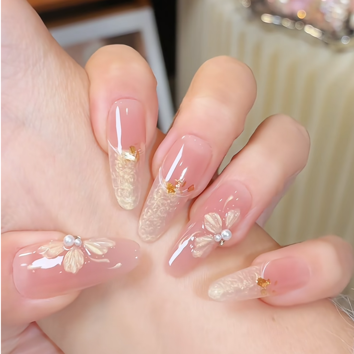 【奶油山茶】秋冬裸色珍珠法式猫眼美甲显白高质量穿戴甲片高级感