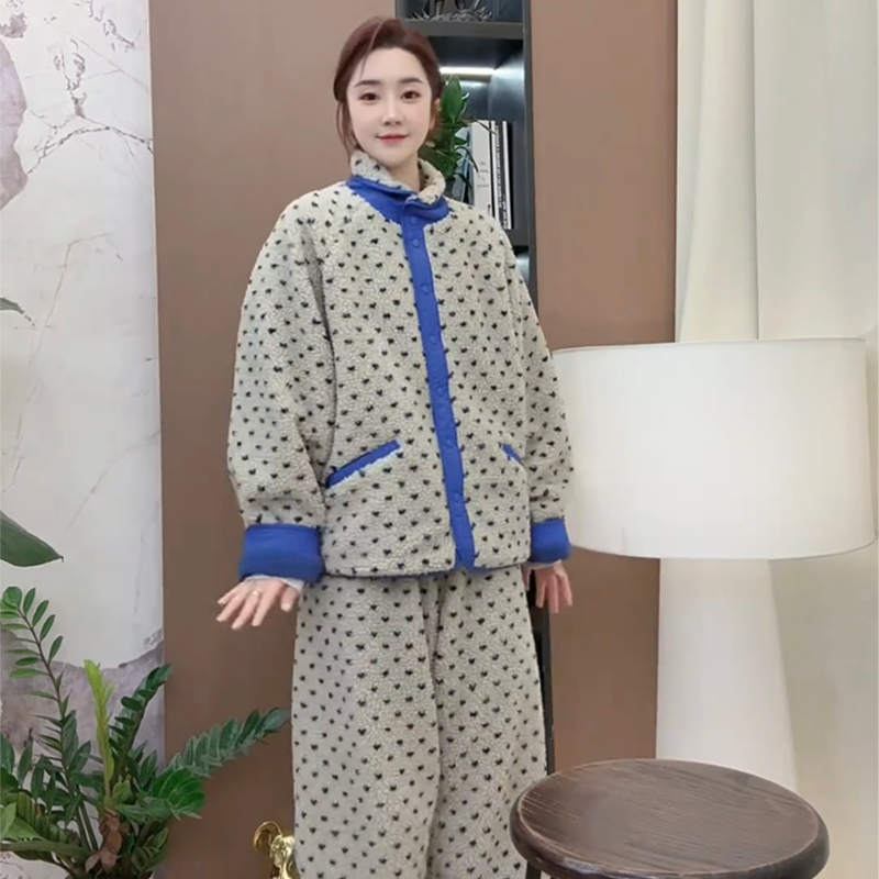 2025冬季新款休闲宽松单排扣立领上衣长裤睡衣两面穿厚居家服套装