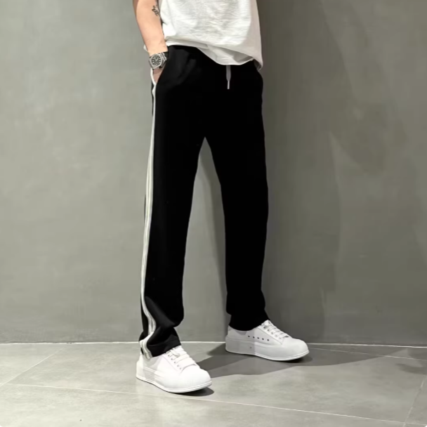轻奢高品质织带条纹休闲裤男士2025新款秋季欧货宽松直筒运动长裤