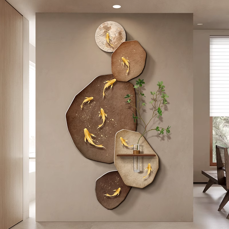 九鱼图玄关装饰画入户正对门轻奢挂画石来运转高级感水培绿植壁画