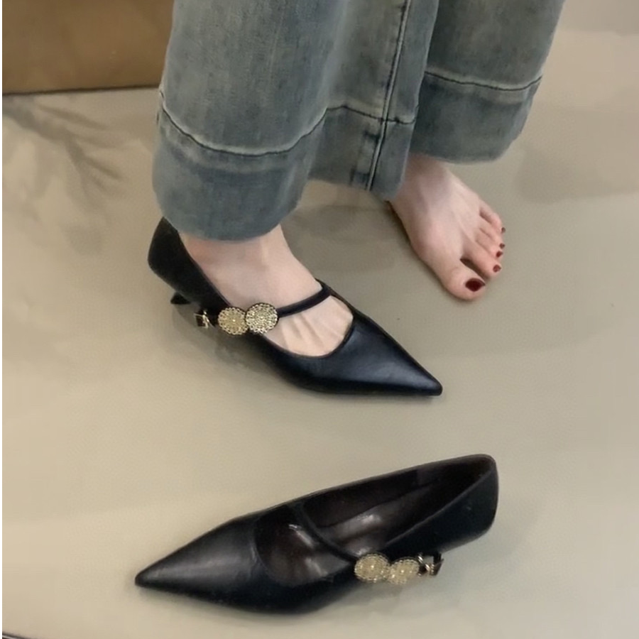 SGL-1639-12尖头金属扣一字带高跟鞋2025低跟法式通勤黑色单鞋女