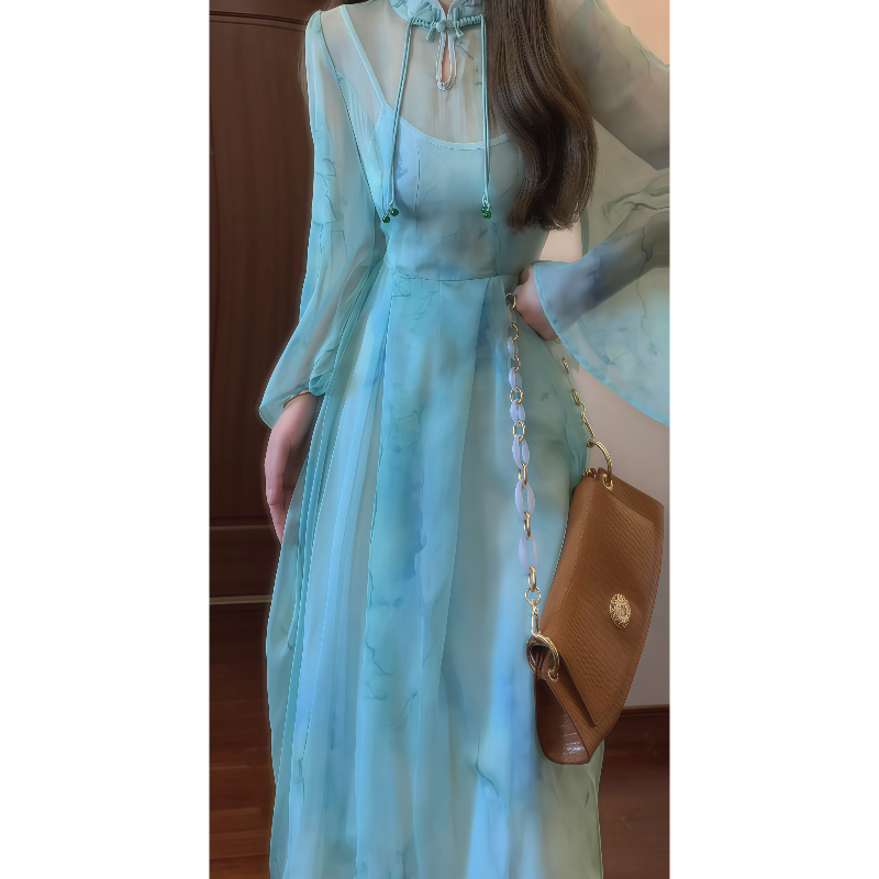 春夏季新中式复古印花禅意连衣裙仙气长裙清冷感轻国风套装裙9029