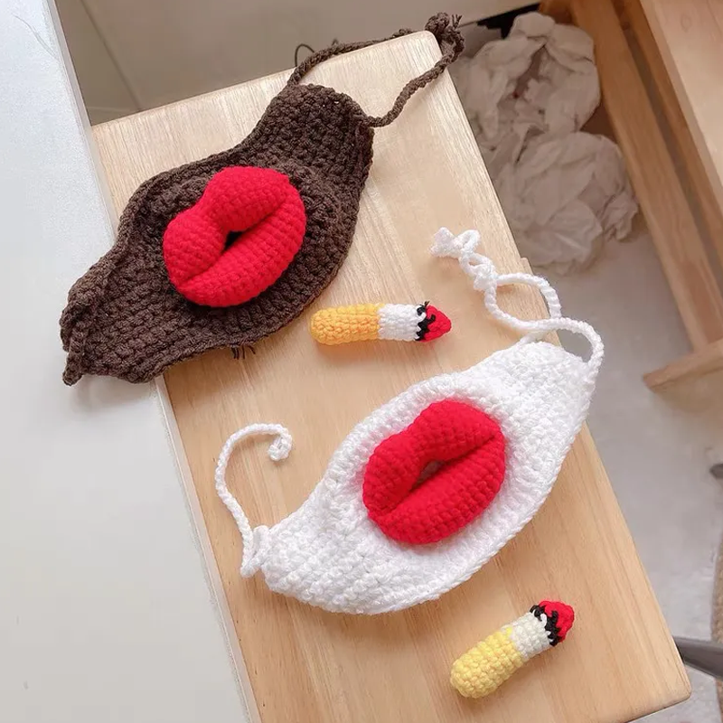 搞怪恶搞大红唇搞笑抽烟口罩针织毛线手工编织香肠嘴个性网红同款