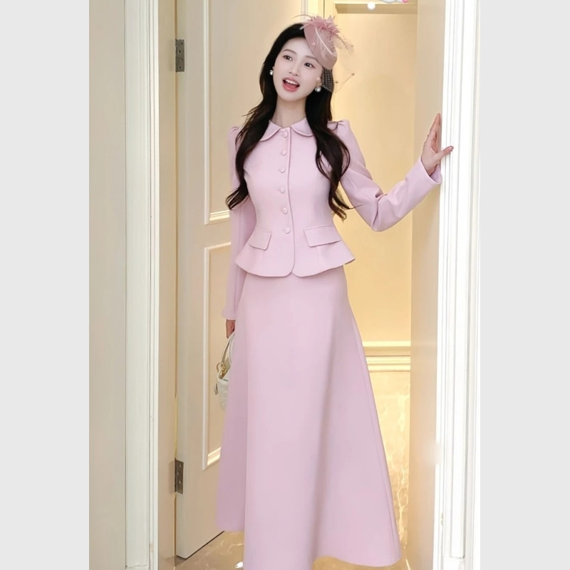 裙子秋冬款千金风名媛法式气质高级感收腰粉色上衣半身裙冬季套装