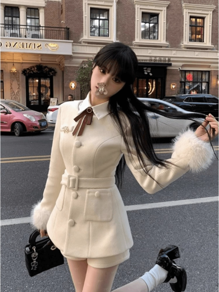 韩系学院风减龄时尚气质毛呢收腰毛领外套高腰显瘦短裤时尚两件套