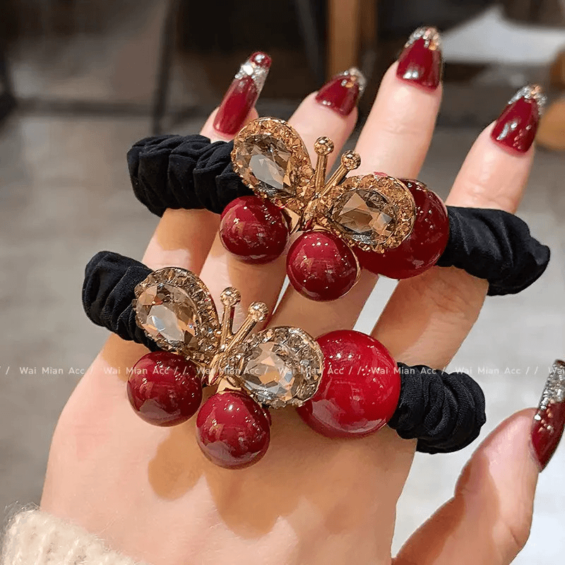 蝴蝶镶钻发圈安可拉红头绳女高端网红扎头花高弹力马尾耐用皮筋