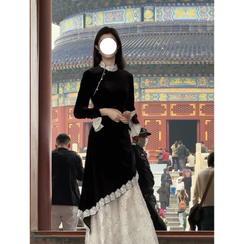 大码【墨染】秋季新款新中式改良版旗袍裙子胖mm蕾丝拼接显瘦连衣裙