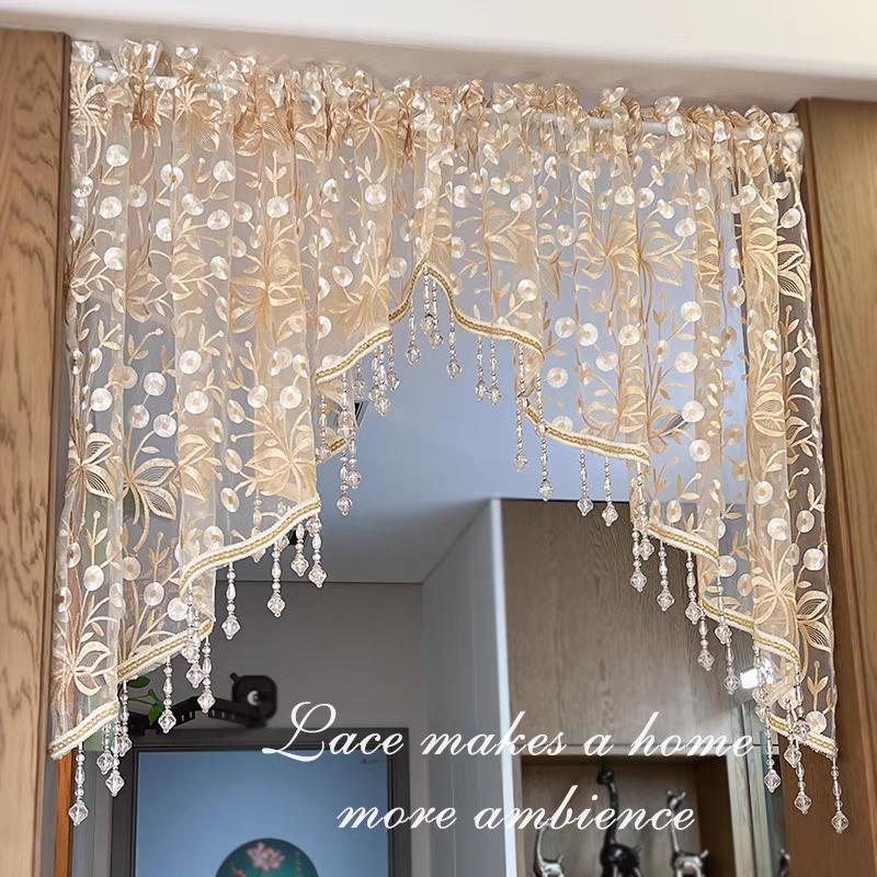 豪华蕾丝吊珠门帘免打孔隔断帘半截厨房拱形帘三角遮挡帘四季通用