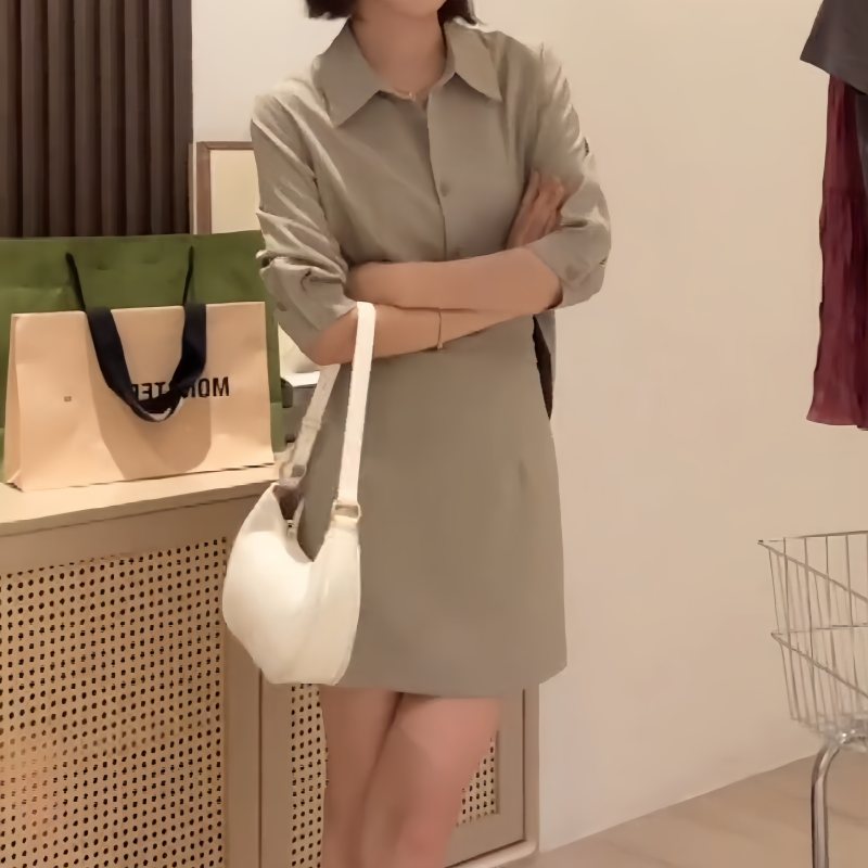 秋季简约风法式衬衫连衣裙温柔系气质款收腰显瘦设计感小众小灰裙