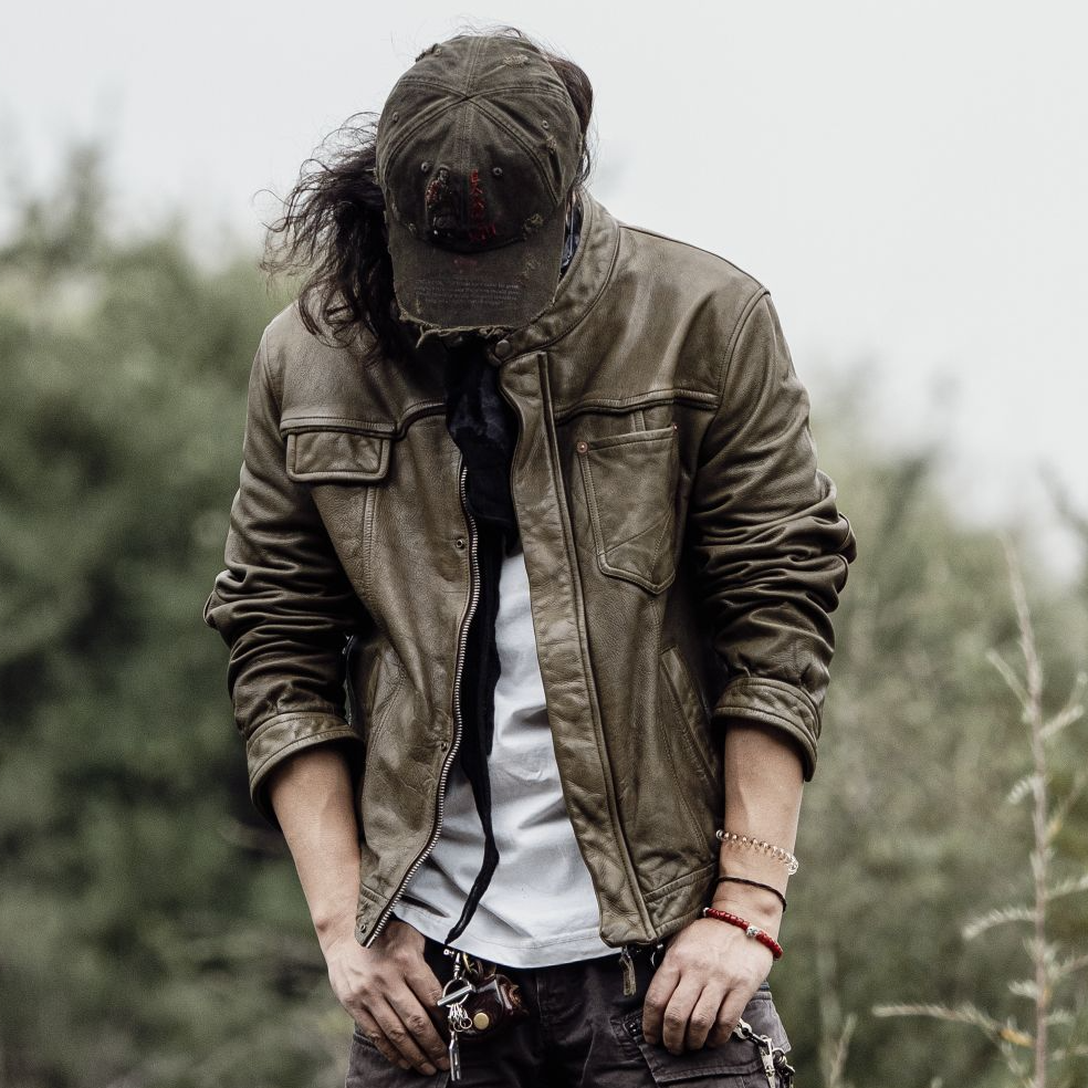 C76032-牛皮复古做旧风格皮衣男款真皮通勤立领秋冬休闲夹克