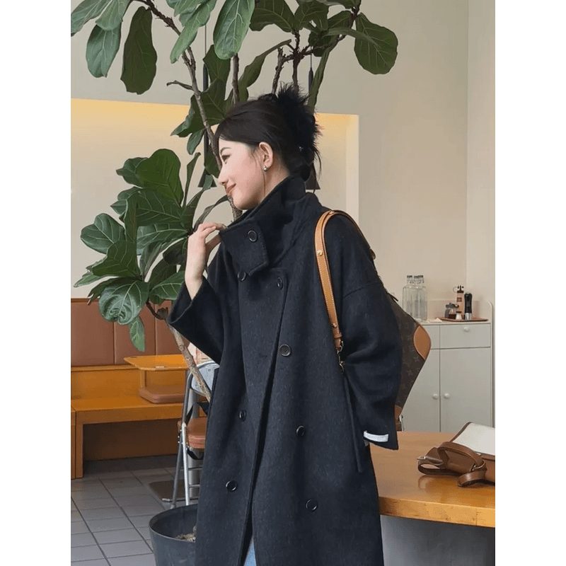 2025韩版立领双面呢大衣时尚设计师气质百搭宽松休闲ins羊毛大衣