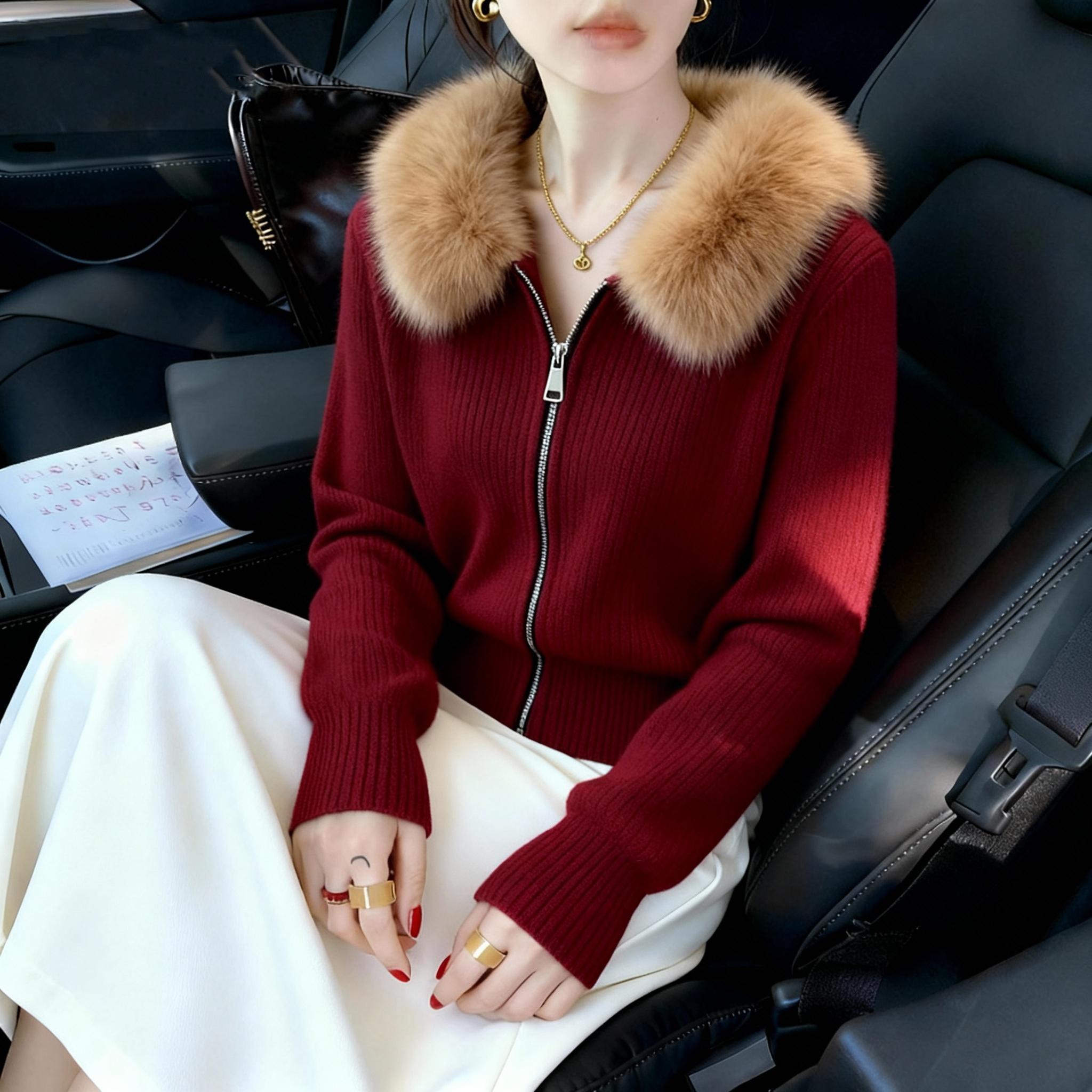 2025秋冬季新款法式时尚气质绝美高级感长袖毛领毛衣针织衫女爆款