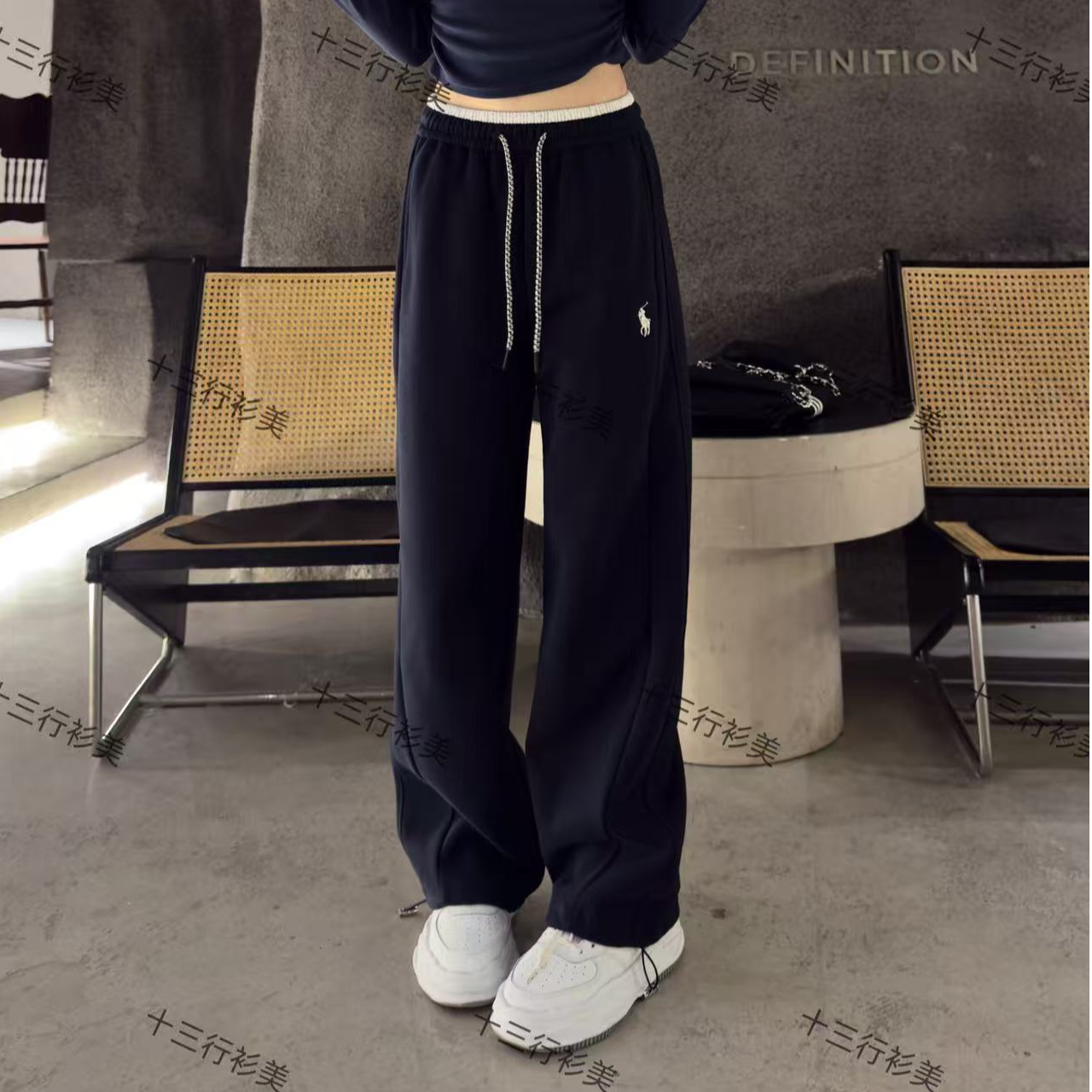 刺绣拼色高腰显瘦束脚两穿女（一裤两穿）拖地阔腿卫裤