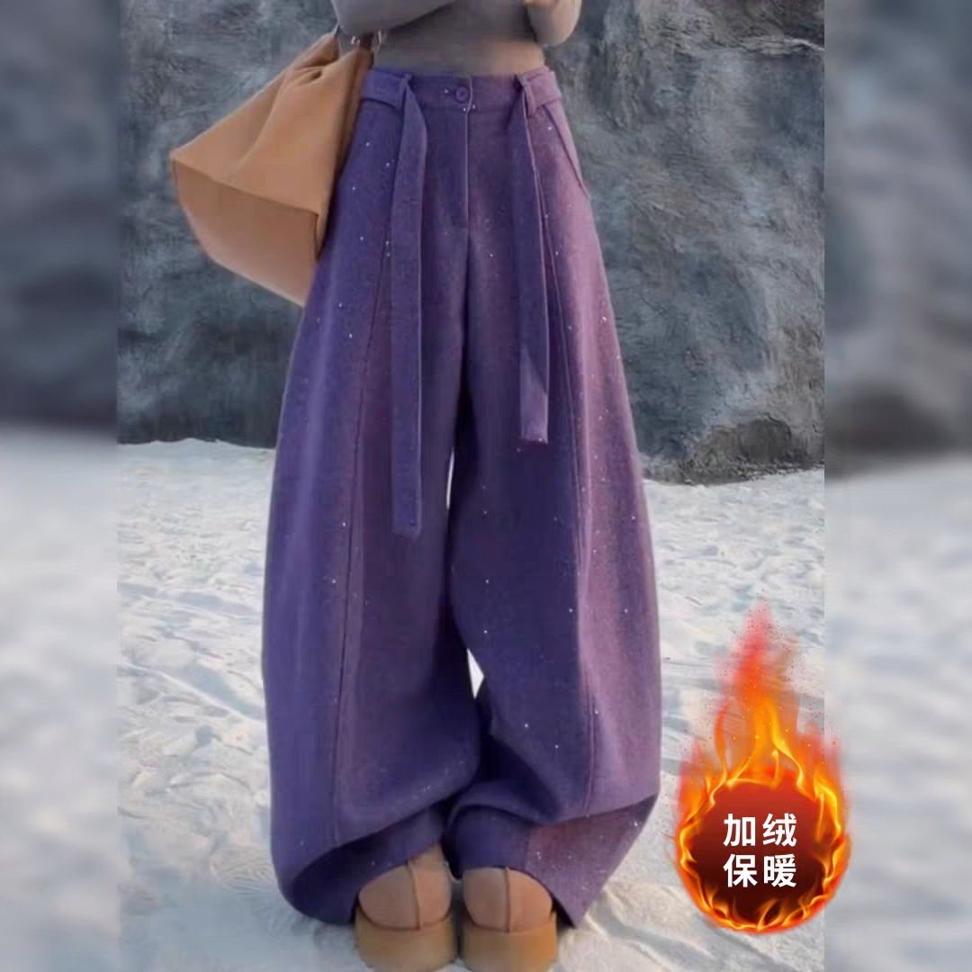 冬季新款毛呢亮片加绒休闲裤大码女装宽松显瘦洋气时髦减龄阔腿裤