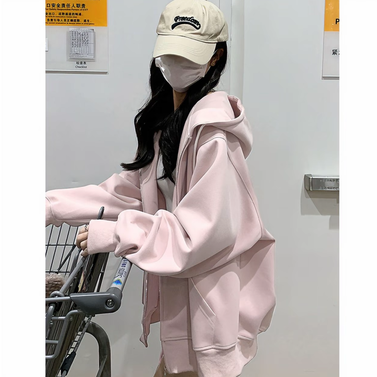 粉色卫衣oversize秋季外套女款拉链运动连帽秋季即墨开衫新款休闲