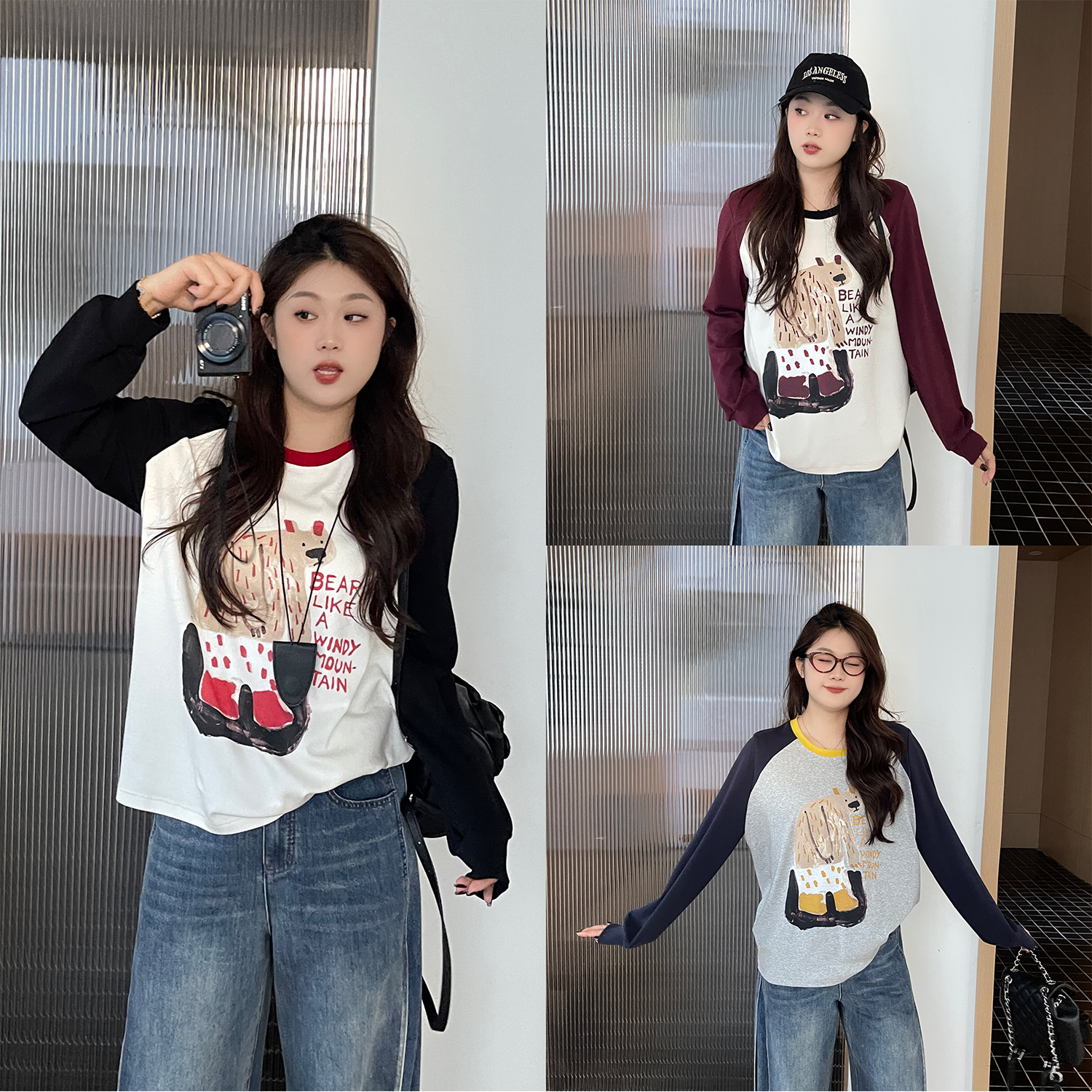 裂渡宣宣【假日小熊】微胖大码女秋趣味ins撞色插肩印花T恤ZY508A68