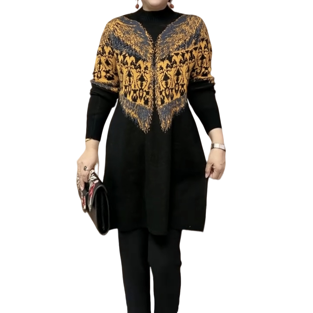 圆领中长款针织印花冬季毛针织衫黑色百搭秋季毛衣