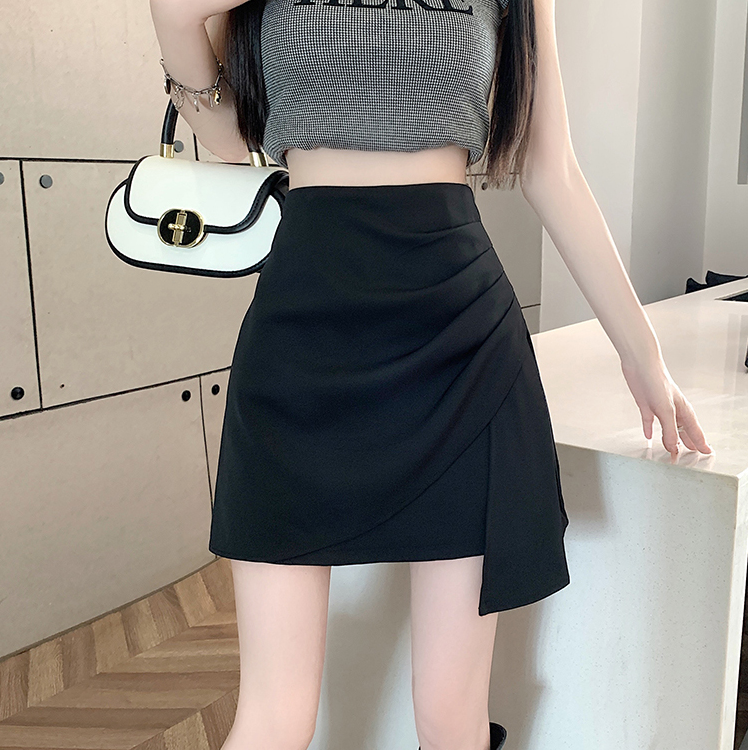 黑色时尚不规则半身裙女2025夏季褶皱包臀裙高腰a字飘带西装短裙