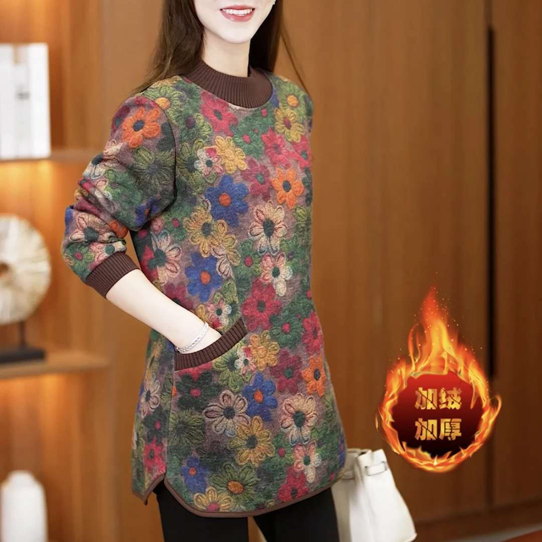 25年秋冬新款加绒加厚长袖打底衫时尚洋气200斤大码保暖妈妈装