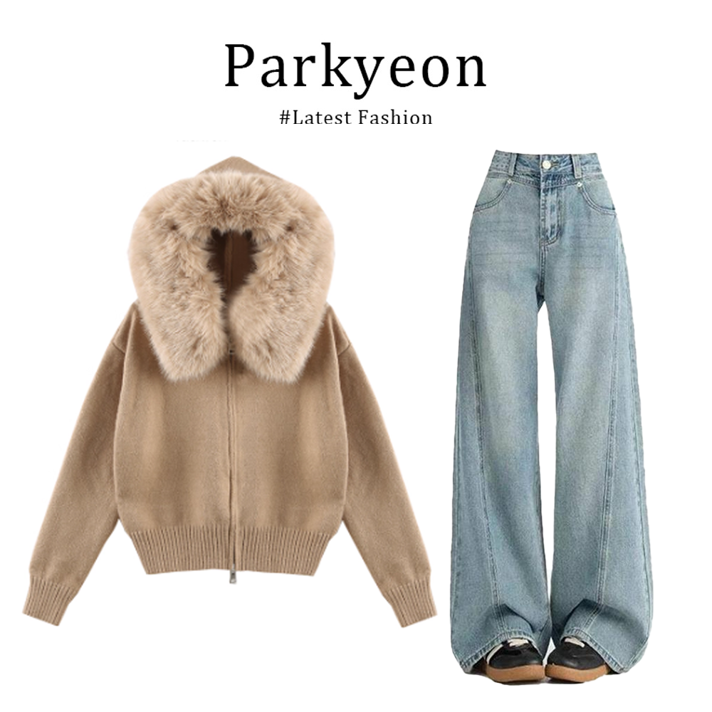 parkyeon韩系千金风大毛领毛衣开衫外套2025秋冬上衣牛仔裤套装