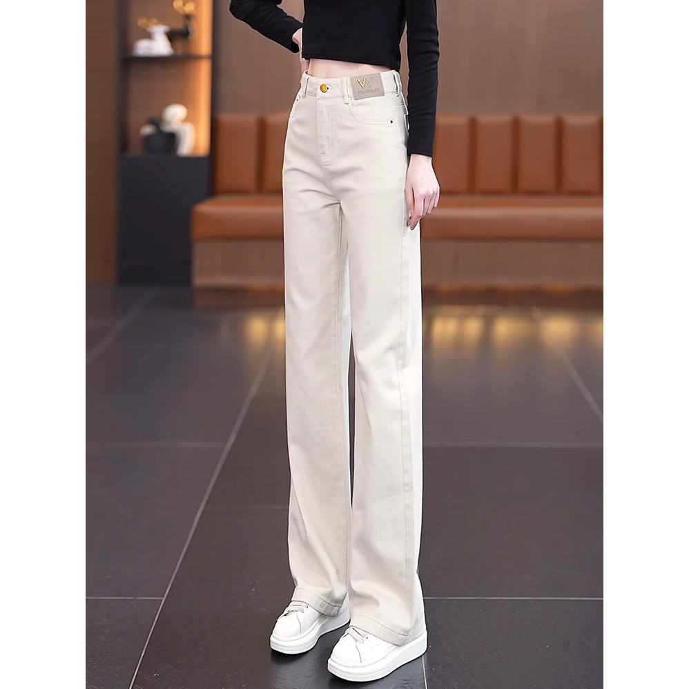 拉夏贝尔米白色软牛仔直筒裤女春秋2025年新款裤子休闲窄版阔腿裤