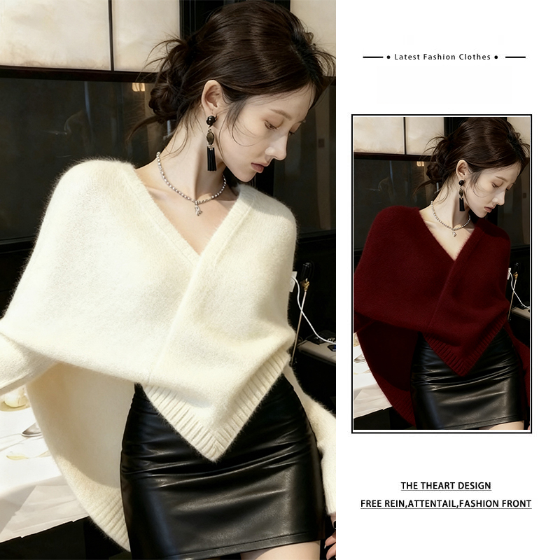 玫红色不规则针织毛衣时尚设计感皮短裤两件套女2025新款韩系穿搭