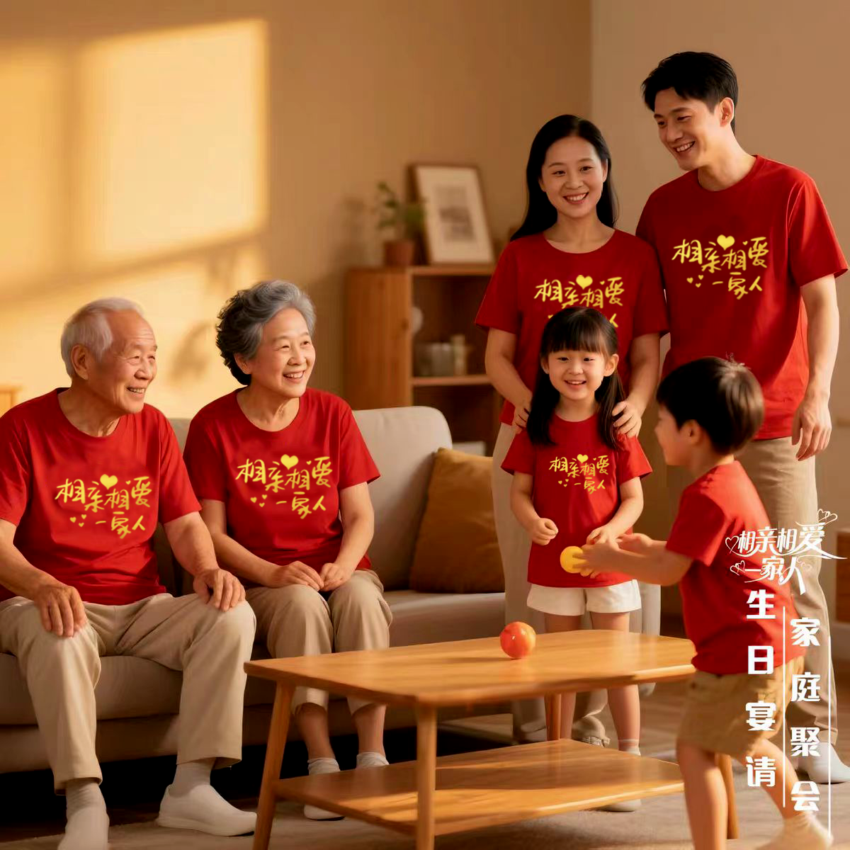年底老人过寿家族聚会穿的短袖T恤相亲相爱一家人大红酒红色衣服