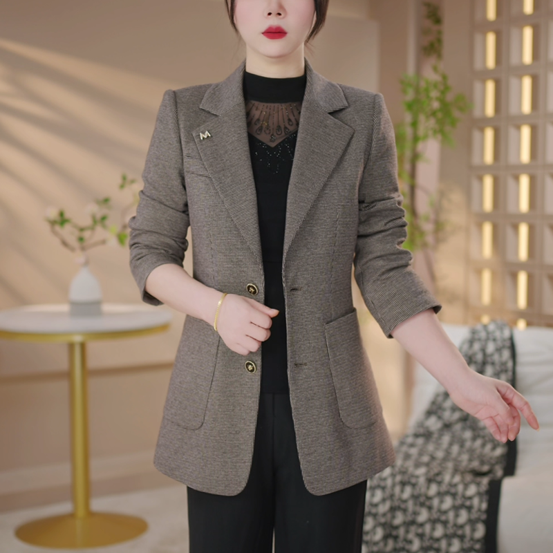 千鸟格西装外套女2025新款春秋新款高档洋气中年妈妈休闲西服上衣
