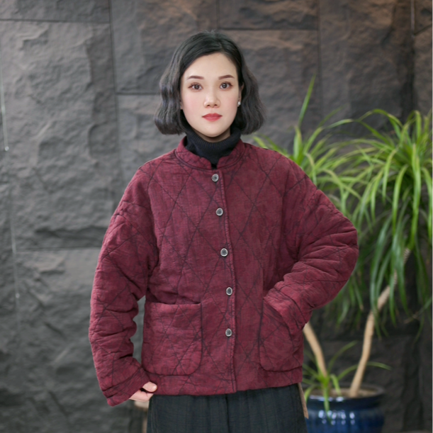 【亚麻立领棉服】FF冬季保暖菱格定型棉服炒色工艺加厚棉衣外套女装