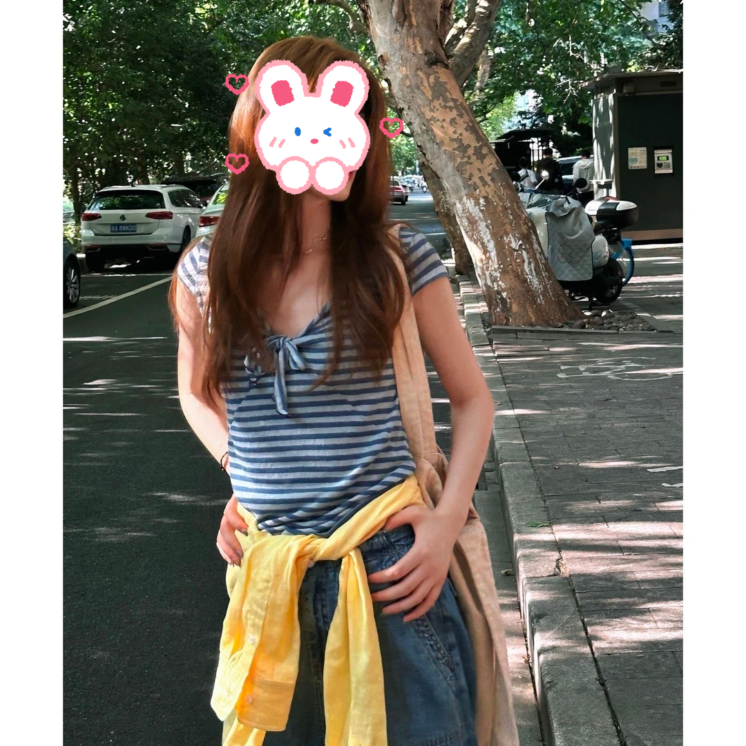 【少女心事】中古定制蝴蝶结条纹小上衣+百搭阔腿白色长裤BB50116