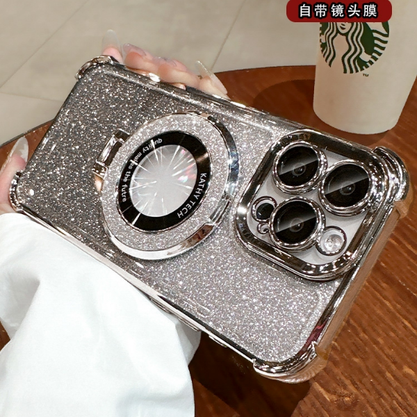 适用苹果16ProMax闪粉15Plus四角气囊14防摔手机壳女士网红支架套